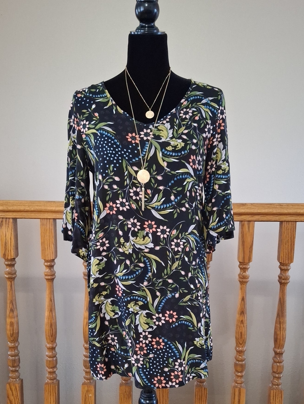 Floral Black V-Neck Cold Shoulder Tunic Top
